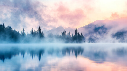 Fototapeta premium A vibrant lake at sunrise, with mist rising from the water and a peaceful ambiance.