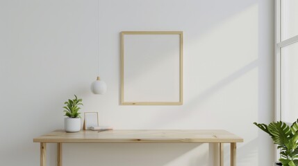A minimalist home office with white walls and a wooden desk. The desk features a blank picture frame and a small decorative item. Gentle