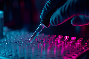 Closeup of scientist injecting a solution into bioengineered cells, hightech laboratory setting