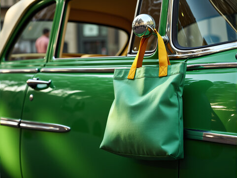 Fototapeta Vintage Car Tote Bag Mockup with Colorful Classic Automobiles