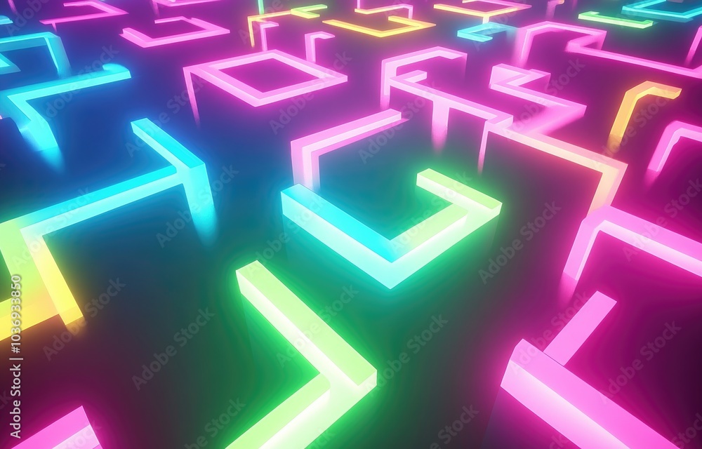 Poster A vibrant neon maze with glowing lines creating a 3D geometric pattern.