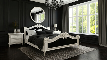 Black Bedroom with French Style Elements: Elegant Bed, Windows, Mirror, for a Luxurious, Serene Space