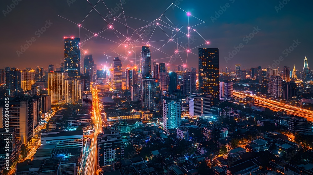 Poster wireless network and connection technology concept with abstract bangkok city background in panorama