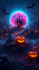 Fototapeta premium A spooky Halloween scene with a haunted house in a tree, a glowing full moon, bats flying in the night sky, and jackolanterns scattered throughout the landscape.