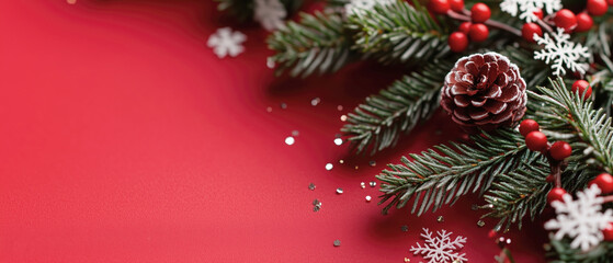 Festive holiday decorations with pinecones and snowflakes, Christmas wallpaper with copy space