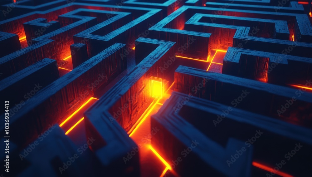 Poster a futuristic maze illuminated by glowing lines, creating a sense of mystery and challenge.