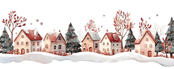 Watercolor Winter Village Landscape with Snowy Houses and Christmas Trees