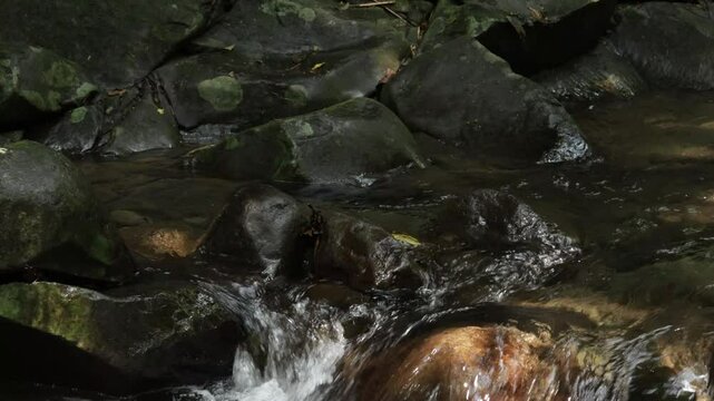 Footage of the view of water from a waterfall running down the rocks.