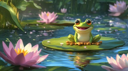 Cheerful Frog on Lily Pad in Calm Pond Scene
