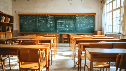 Empty Classroom. Back to school concept in high school. Classroom Interior Vintage Wooden Lecture Wooden Chairs and Desks. Studying lessons in secondary education.