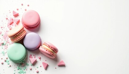 Fototapeta premium Colorful pastel macarons with crushed pieces on white background 