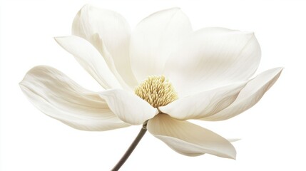 Obraz premium A soft white magnolia flower in full bloom, with smooth petals laid out on a pure white background, symbolizing elegance and purity.