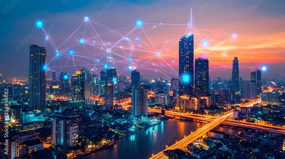 Poster wireless network and connection technology concept with abstract bangkok city background in panorama