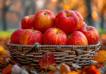 A basket full of red apples on a table. The apples are shiny and have a bright red color. The basket is filled with apples and leaves, giving the impression of a fall scene