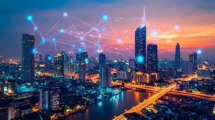 Obraz premium Wireless network and Connection technology concept with Abstract Bangkok city background in panorama view. 
