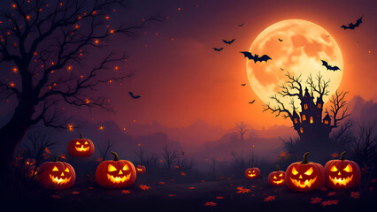 Fototapeta premium A spooky Halloween scene with a full moon, bats flying in the sky, and glowing jackolanterns placed on the ground. A haunted house silhouette sits on top of a tree in the distance.