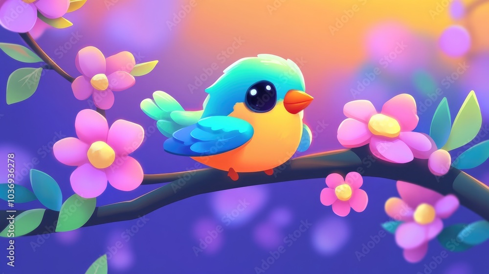 Poster charming sparrow resting on a flowering tree branch in a vibrant garden setting showcasing its brigh