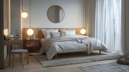 A minimalist Scandinavian bedroom with a double bed, a sleek headboard