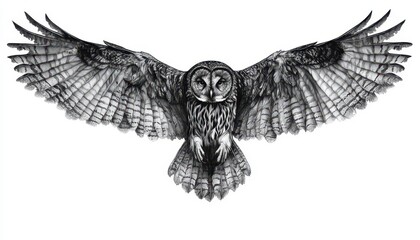 Fototapeta premium Owl soaring gracefully in mid-flight against a pristine white background