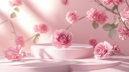 3D rendering of a pink rose flower background featuring geometric shapes as a podium for product presentation minimalistic design premium illustration pastel floral elements beauty and cosmetic th