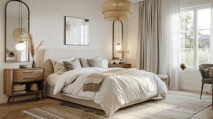 A modern and bright Scandinavian bedroom with a double bed, headboard
