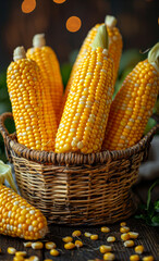 A basket full of yellow corn is on a wooden table. The corn is in various stages of ripeness, with some still green and others already yellow