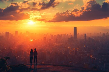 Fototapeta premium Captivating Cityscape at Sunset: Silhouettes Against a Vibrant Sky
