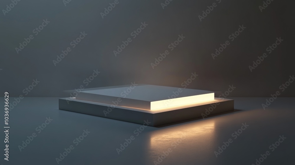 Poster display pedestal featuring a glowing platform with a blank product stand in a 3d rendering