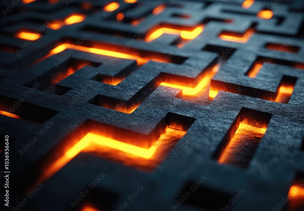 Poster a textured surface with maze-like patterns illuminated by glowing orange light.