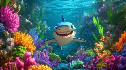 Colorful Cartoon Shark in Vibrant Coral Reef