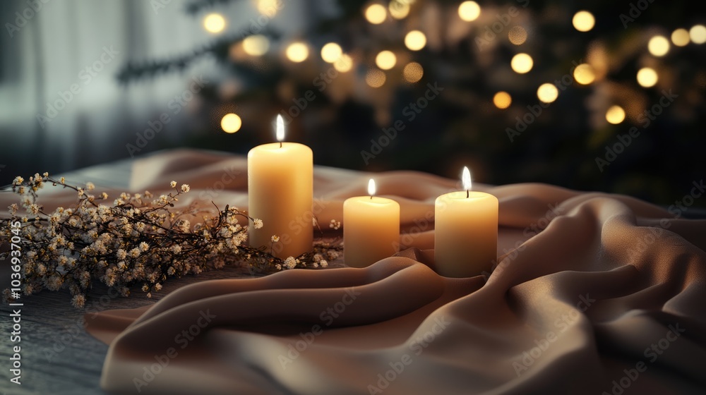 Aufkleber 3d rendering of a table adorned with elegant fabric and lit candles representing a festive atmospher
