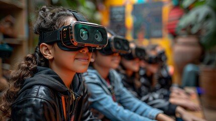 Future of Education: Capture a modern classroom where students are using advanced technologies like virtual reality and interactive tablets for immersive learning experiences.