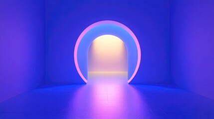 Abstract zoom blue light and entrance or exit gate in 3D cartoon rendering