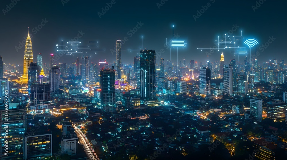 Poster wireless network and connection technology concept with abstract bangkok city background in panorama