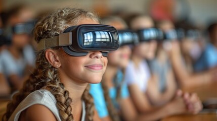Future of Education: Capture a modern classroom where students are using advanced technologies like virtual reality and interactive tablets for immersive learning experiences.