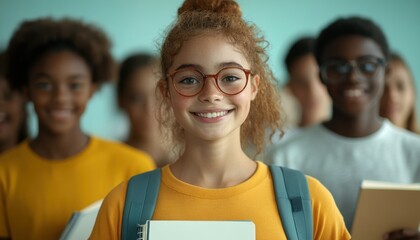Cheerful diverse schoolchildren posing in classroom after reopening with backpacks