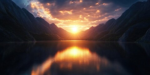 Serene mountain landscape with a tranquil lake, showcasing natural beauty in a picturesque setting, Peaceful mountain scene with calm lake reflecting natural beauty