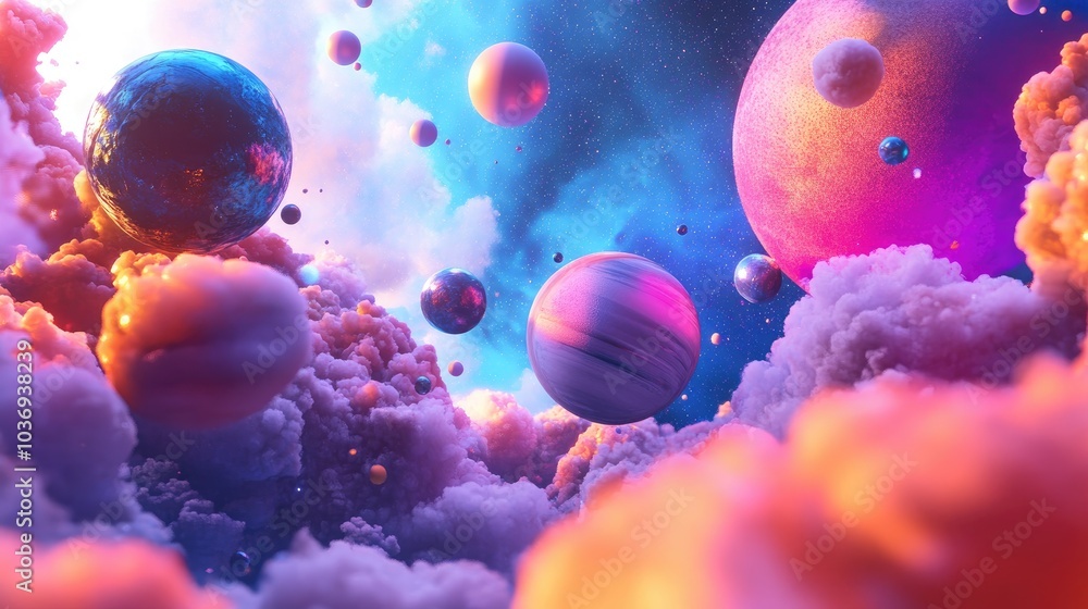 Poster abstract planets and space background in a 3d cartoon rendering