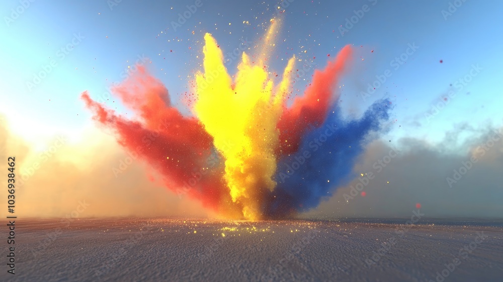 Poster explosion of yellow red and blue powder in a 3d cartoon rendering freeze motion capture of color pow