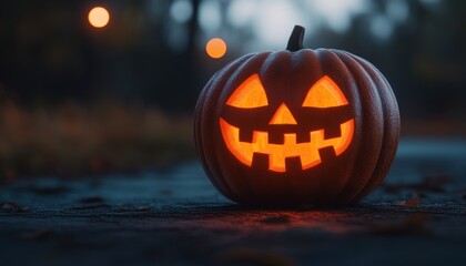Fototapeta premium Spooky Jack O'Lantern glowing during Halloween night on October 31 in a dark setting