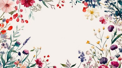 Colorful floral herbal print in a watercolor illustration wreath design