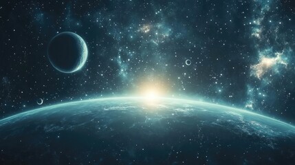 Obraz premium 2D illustration of a deep vast space featuring bright stars planets and moons Various science fiction creative backdrops space art and alien solar systems set against a realistic cosmic background