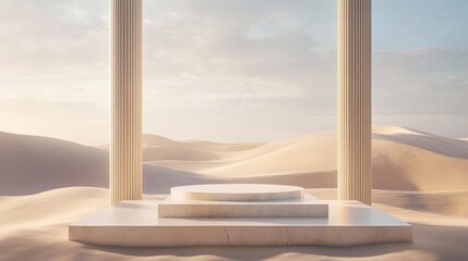 Elegant minimalist podium featuring architectural columns set against sand dunes 3D rendering of a cosmetic display background