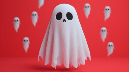 Whimsical ghost character against a vibrant red background