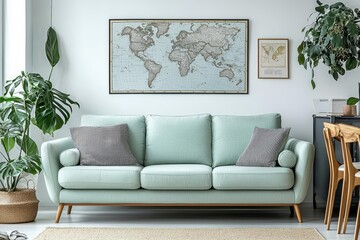 Stylish scandinavian living room with design mint sofa, furnitures, mock up poster map, plants and elegant personal accessories