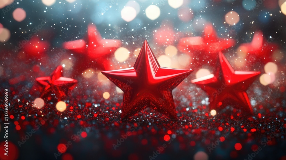 Poster festive 3d rendering of red stars and shimmering whirlwinds of stardust on a dark bokeh background e