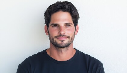 Handsome young man smiling at the camera against a white background indoors