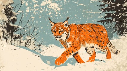 Obraz premium Lynx in winter wonderland Young wild cat wanders through a snowy forest Spotted orange fur contrasts with the icy landscape Majestic animal in a frosty setting
