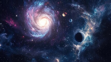 Obraz premium Illustration of a galaxy space background featuring a 3D cartoon rendering of stars a black hole nebula spiral galaxy Milky Way and planets