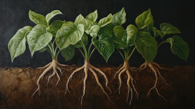 Oil painting of sweet potato leaves Ipomoea batatas showcasing their roots that develop into nutrient rich tubers known for their high carbohydrate content